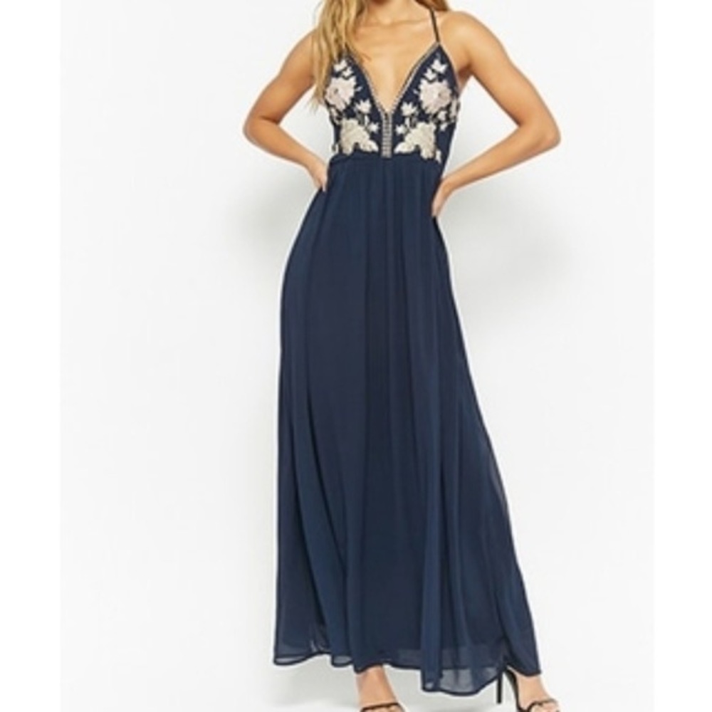 Soieblu Blue Floral Embroidered Maxi Gown Small Party Formal Wedding
